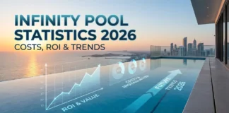 Infinity Pool Statistics 2026: Costs, ROI & Trends Luxury Infinity Pool Statistics with vanishing edge overlooking ocean at sunset, modern villa and resort-style design in cinematic lighting.