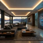 Luxury smart home automation system inside a modern villa with AI-controlled lighting, climate, and entertainment features