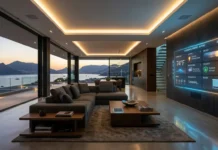 Luxury Smart Home Automation Guide for Modern Living Luxury smart home automation system inside a modern villa with AI-controlled lighting, climate, and entertainment features