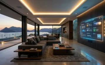 Luxury Smart Home Automation Guide for Modern Living Luxury smart home automation system inside a modern villa with AI-controlled lighting, climate, and entertainment features