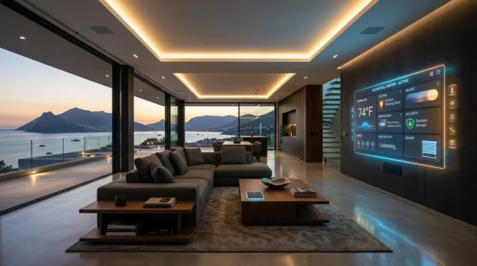 Luxury smart home automation system inside a modern villa with AI-controlled lighting, climate, and entertainment features