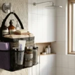 Mesh Shower Caddy hanging in a modern bathroom, neatly organizing toiletries with a clean and minimalist aesthetic.