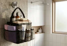 Mesh Shower Caddy: Best Hanging Organizer Guide Mesh Shower Caddy hanging in a modern bathroom, neatly organizing toiletries with a clean and minimalist aesthetic.