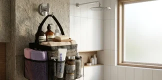 Mesh Shower Caddy hanging in a modern bathroom, neatly organizing toiletries with a clean and minimalist aesthetic.