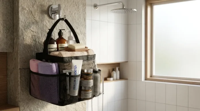Mesh Shower Caddy hanging in a modern bathroom, neatly organizing toiletries with a clean and minimalist aesthetic.