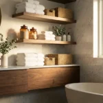 Modern bathroom shelves with stylish storage, floating wooden shelves, towels, baskets, and organized spa-inspired decor.
