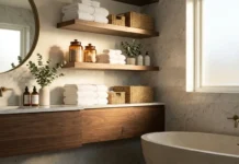Bathroom Shelves Ideas: Smart Storage Solutions Modern bathroom shelves with stylish storage, floating wooden shelves, towels, baskets, and organized spa-inspired decor.