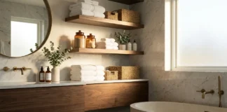 Bathroom Shelves Ideas: Smart Storage Solutions Modern bathroom shelves with stylish storage, floating wooden shelves, towels, baskets, and organized spa-inspired decor.