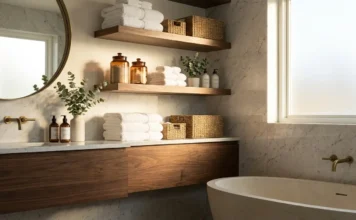 Bathroom Shelves Ideas: Smart Storage Solutions Modern bathroom shelves with stylish storage, floating wooden shelves, towels, baskets, and organized spa-inspired decor.