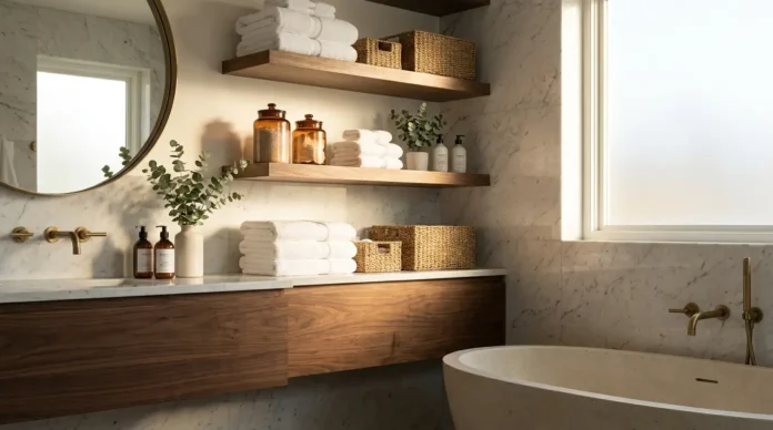 Modern bathroom shelves with stylish storage, floating wooden shelves, towels, baskets, and organized spa-inspired decor.