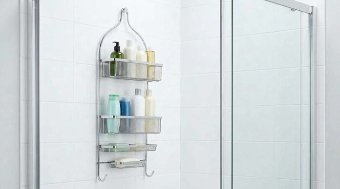 Modern hanging shower caddy with toiletries in a clean white bathroom