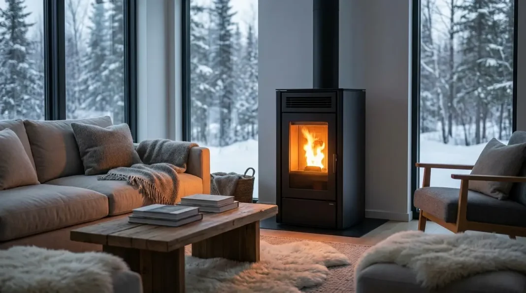 Modern living room with a burning pellet stove providing efficient and cozy home heating in a stylish interior. Modern living room with a burning pellet stove providing efficient and cozy home heating in a stylish interior.