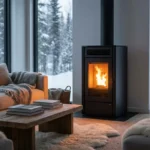 Modern living room with a burning pellet stove providing efficient and cozy home heating in a stylish interior.