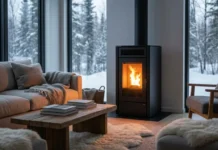Modern living room with a burning pellet stove providing efficient and cozy home heating in a stylish interior.