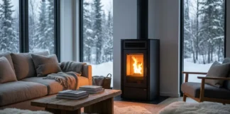 Pellet Stove Buying Guide: Complete Expert Guide 2026 Modern living room with a burning pellet stove providing efficient and cozy home heating in a stylish interior.