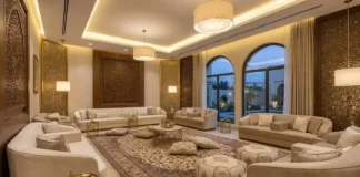Modern majlis seating with elegant Arabic floor seating, luxury sofas, neutral cushions, and contemporary Middle Eastern interior design.