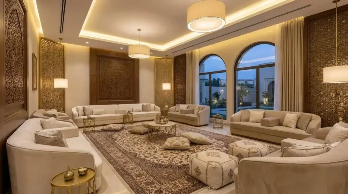Modern majlis seating with elegant Arabic floor seating, luxury sofas, neutral cushions, and contemporary Middle Eastern interior design.