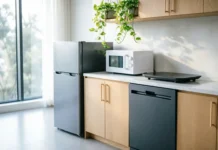 Compact Appliances Guide: Smart Space-Saving Living Modern small kitchen featuring compact appliances including mini fridge, microwave, and slim dishwasher in a bright, minimalist space.