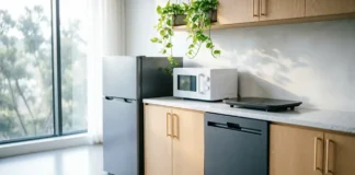 Compact Appliances Guide: Smart Space-Saving Living Modern small kitchen featuring compact appliances including mini fridge, microwave, and slim dishwasher in a bright, minimalist space.