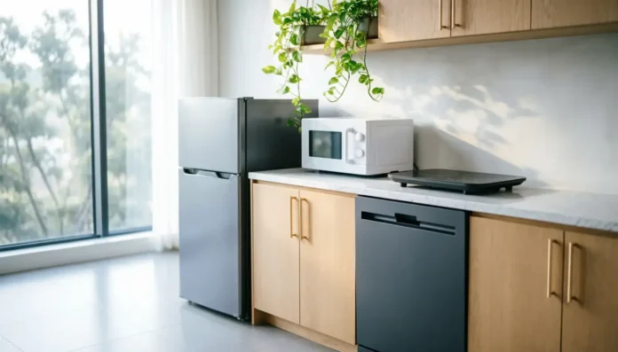 Modern small kitchen featuring compact appliances including mini fridge, microwave, and slim dishwasher in a bright, minimalist space.