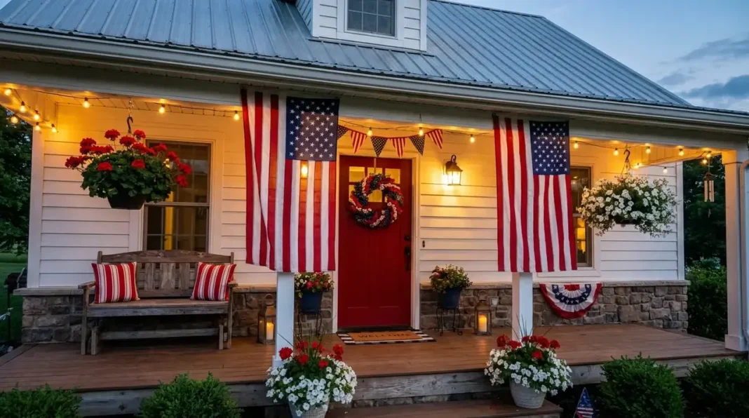 Patriotic front porch makeover with red white and blue decorations, American flags, wreath, and rustic seating Patriotic front porch makeover with red white and blue decorations, American flags, wreath, and rustic seating