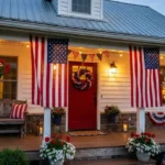 Patriotic Front Porch Makeover Ideas for Stunning Curb Appeal Patriotic front porch makeover with red white and blue decorations, American flags, wreath, and rustic seating