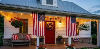 Patriotic Front Porch Makeover Ideas for Stunning Curb Appeal Patriotic front porch makeover with red white and blue decorations, American flags, wreath, and rustic seating