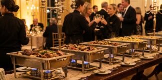 Professional stainless steel chafing dishes with burners keeping buffet food warm at a catering event