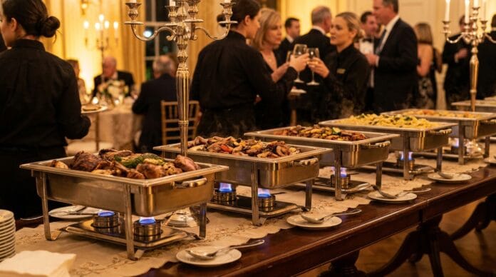 Professional stainless steel chafing dishes with burners keeping buffet food warm at a catering event