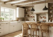 Rustic farmhouse kitchen with reclaimed wood beams, farmhouse sink, butcher block island, and vintage decor.