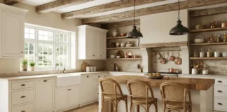 25 Rustic Farmhouse Kitchen Ideas That Make Your Home Look Luxurious Rustic farmhouse kitchen with reclaimed wood beams, farmhouse sink, butcher block island, and vintage decor.