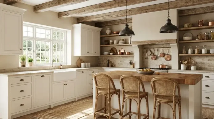 Rustic farmhouse kitchen with reclaimed wood beams, farmhouse sink, butcher block island, and vintage decor.