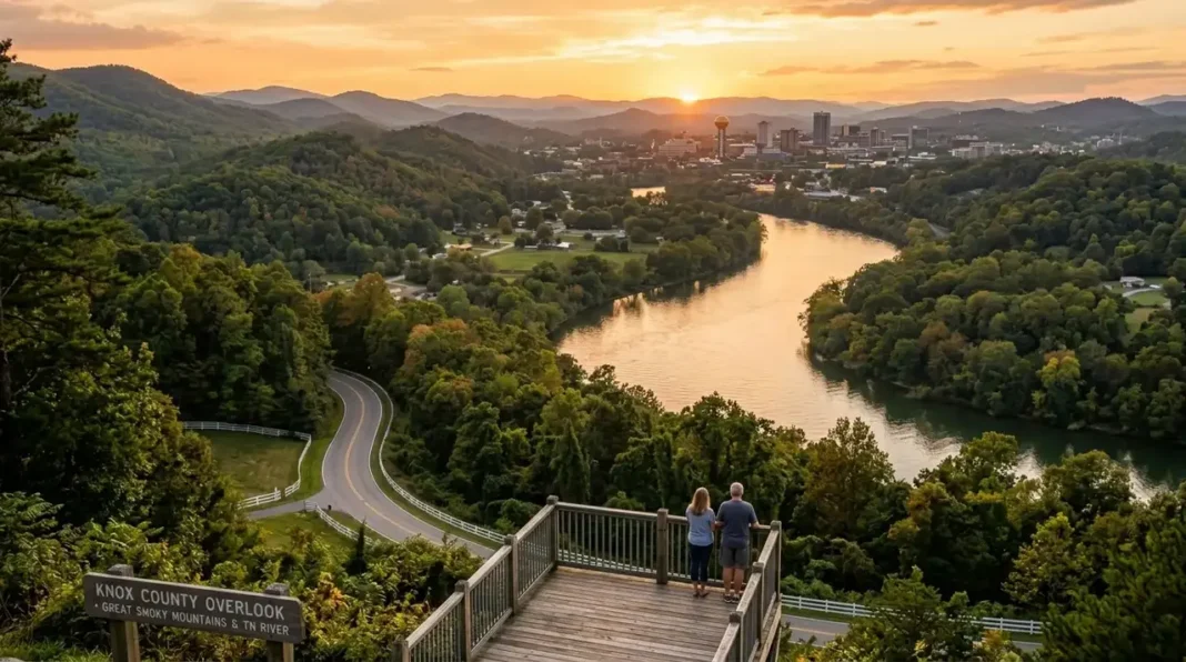 Scenic view of Knox County Tennessee with rolling hills, river, and Knoxville skyline at sunset Scenic view of Knox County Tennessee with rolling hills, river, and Knoxville skyline at sunset