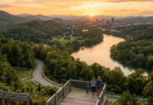 Scenic view of Knox County Tennessee with rolling hills, river, and Knoxville skyline at sunset