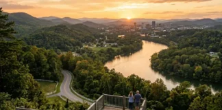 Knox County Travel Guide: Knox County travel guide Scenic view of Knox County Tennessee with rolling hills, river, and Knoxville skyline at sunset