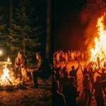 Split scene showing a small cozy campfire in a campsite and a large celebratory bonfire with a crowd outdoors at night featuring bonfire vs campfire