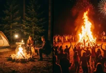 Bonfire vs Campfire: 7 Key Differences Explained Split scene showing a small cozy campfire in a campsite and a large celebratory bonfire with a crowd outdoors at night featuring bonfire vs campfire