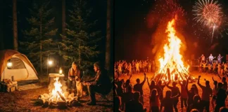 Split scene showing a small cozy campfire in a campsite and a large celebratory bonfire with a crowd outdoors at night featuring bonfire vs campfire