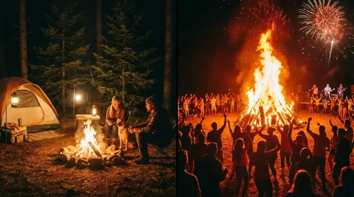 Split scene showing a small cozy campfire in a campsite and a large celebratory bonfire with a crowd outdoors at night featuring bonfire vs campfire