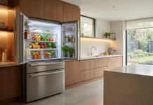 Stainless steel bottom mount fridge with French doors open in a modern kitchen
