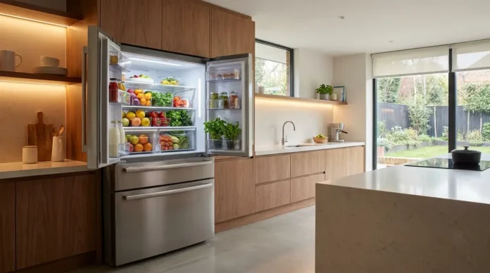 Stainless steel bottom mount fridge with French doors open in a modern kitchen