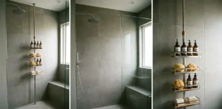 Tension Pole Shower Caddy: Smart Bathroom Storage Stainless steel tension pole shower caddy organizing bathroom essentials in a modern minimalist shower space.