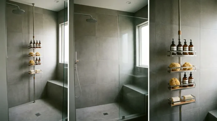 Stainless steel tension pole shower caddy organizing bathroom essentials in a modern minimalist shower space.