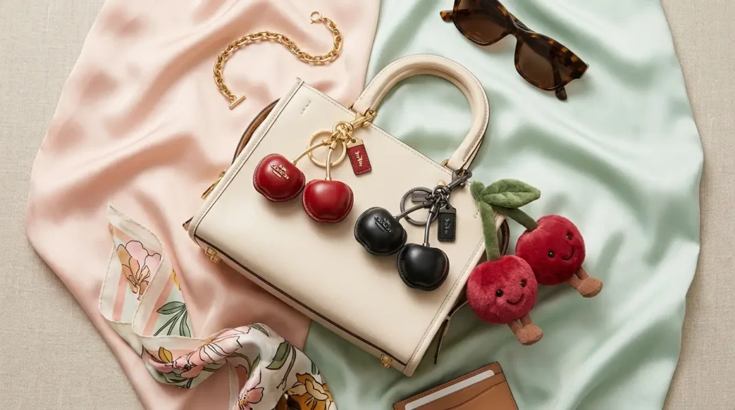 Stylish cherry bag charm collection featuring Coach cherry charms, black cherry purse charm, and Jellycat Amuseables cherries accessory.
