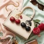 Stylish cherry bag charm collection featuring Coach cherry charms, black cherry purse charm, and Jellycat Amuseables cherries accessory.