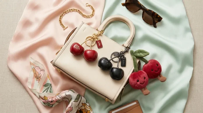 Stylish cherry bag charm collection featuring Coach cherry charms, black cherry purse charm, and Jellycat Amuseables cherries accessory.