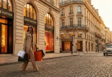Stylish woman shopping for luxury designer bags in Paris, Europe with elegant boutiques in the background.
