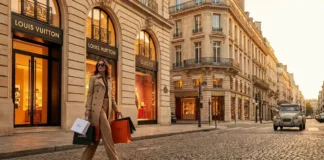 Are Luxury Bags Cheaper in Europe? Ultimate Price Guide Stylish woman shopping for luxury designer bags in Paris, Europe with elegant boutiques in the background.