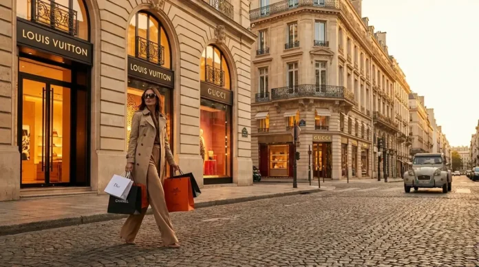 Stylish woman shopping for luxury designer bags in Paris, Europe with elegant boutiques in the background.