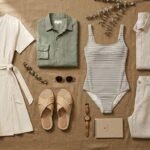 Best Sustainable Clothing Brands for Eco-Friendly Style Sustainable clothing brands featuring eco-friendly women’s clothing, men’s fashion, and sustainable bathing suits arranged in a stylish flat lay.